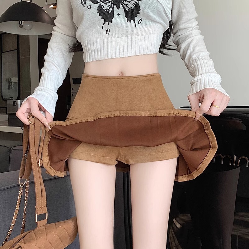 秋冬の女性用黒鹿革プリーツスカート、小柄な人向け、ハイウエスト、痩身、露出防止、ホットガールAラインショートスカート|undefined