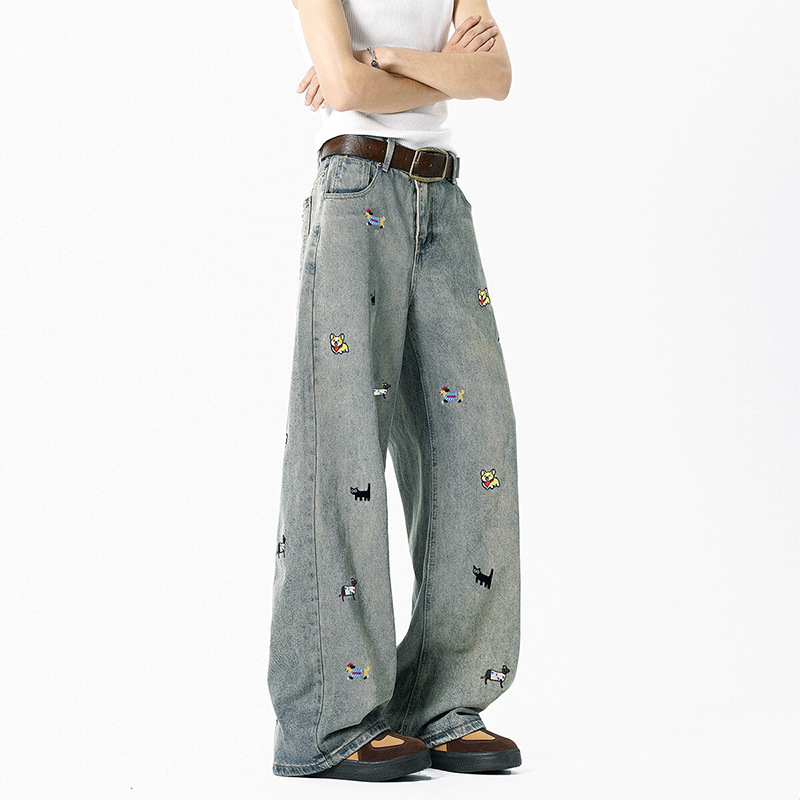Pantalones Jeans Rectos con Bordado para Hombre de Algodón, Corte Recto, para Uso Diario