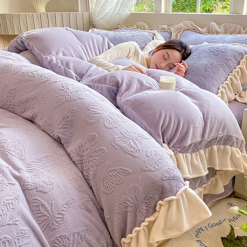 High-end engrosado A clase de leche de lana de cuatro piezas de invierno tallado doble cara coral edredón cubierta cama de cama tipo 4