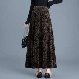 金丝绒豹纹复古半身裙秋冬2025松紧新款高腰丝绒显瘦气质蛋糕长裙