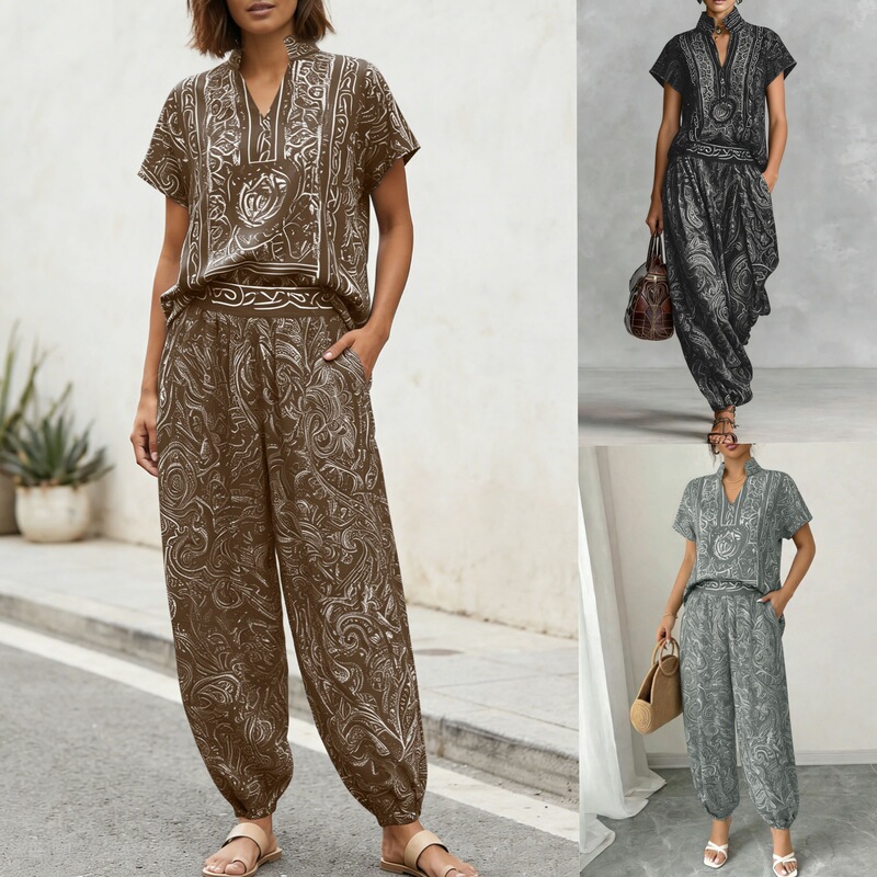 2026 Spring and Summer New Women's Clothing European and American Amazon Fashion Paisley Pattern Ebay Retro Style Two-Piece Set for Women 2026 Spring and Summer New Women's Clothing European and American Amazon Fashion Paisley Pattern Ebay Retro Style Two-Piece Set for Women