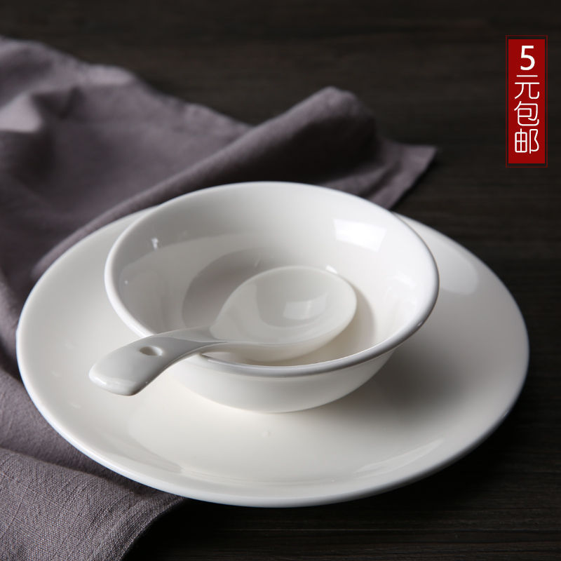 Hotel dining room tableware set of pure white ceramic plates, bowls, and utensils for restaurants and clubs, wholesale of three or four sets