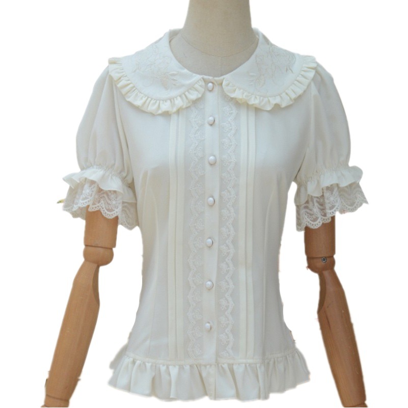 "Fragancia oscura" bordado muñeca collar de manga corta verano Lolita camisa suave chica puff manga interior Lolita camisa