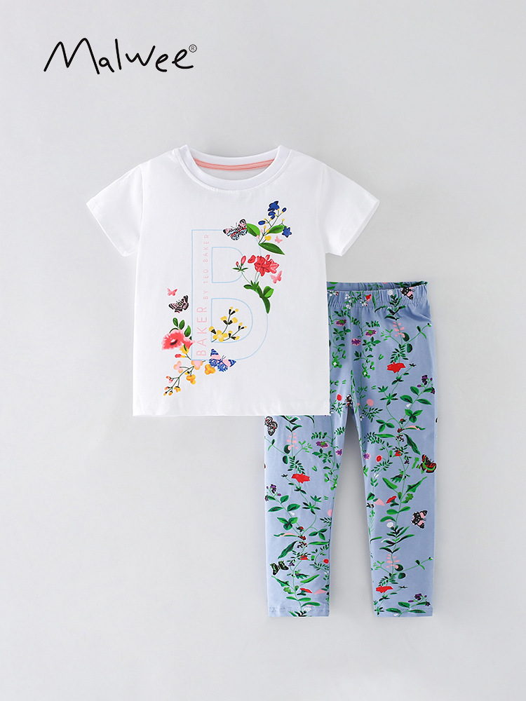 Malwee niñas dos piezas de verano ropa infantil europea y americana cuello redondo mangas cortas pantalones de cintura elástica impresión de aire extranjero conjunto infantil