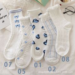 Women's socks, autumn and winter warm socks, soft Ins trendy mix and match blue pattern crew socks, women's wool socks