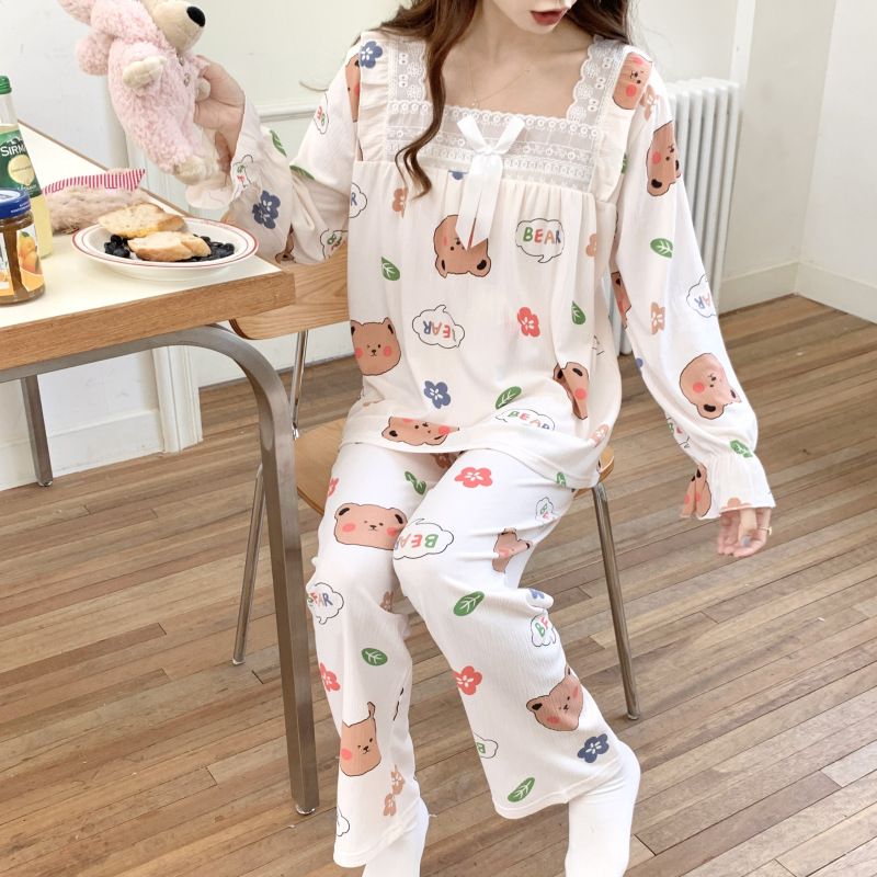 Estilo coreano japonés dulce ins primavera y otoño pijamas de las mujeres algodón manga larga traje más tamaño 240kg portátil homewear