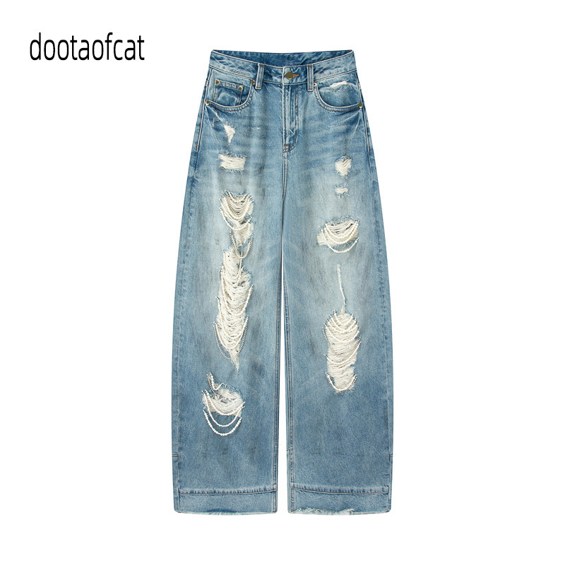 2026 Summer New Style Women's Loose-Fitting Pearl Chain Distressed Casual Straight-Leg Jeans N237139