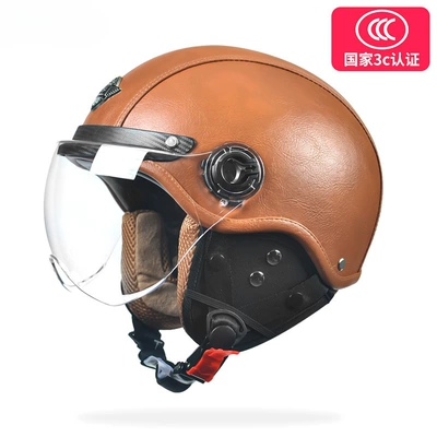 Motosiklet dəbilqələri — helmet 3C certification men's retro - one-size-fits-all-leather-brown-removable-ear-protection-class-a-harley-short-mirror