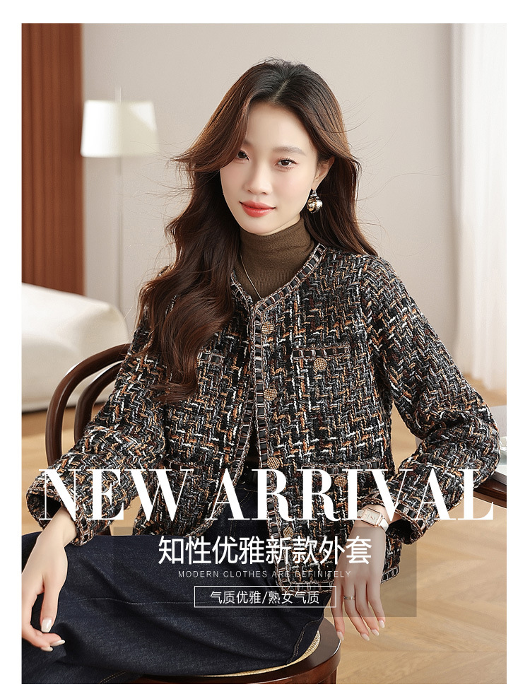 Áo khoác ngắn nữ phong cách Pháp cổ điển chất liệu tweed cao cấp — màu nâu