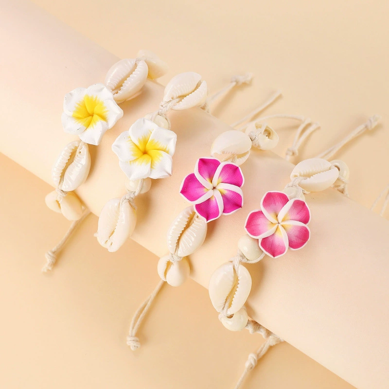 Оптовая продажа пляжных браслетов в богемном стиле с узлами, ракушками и цветами франжипани, новый праздничный дизайн