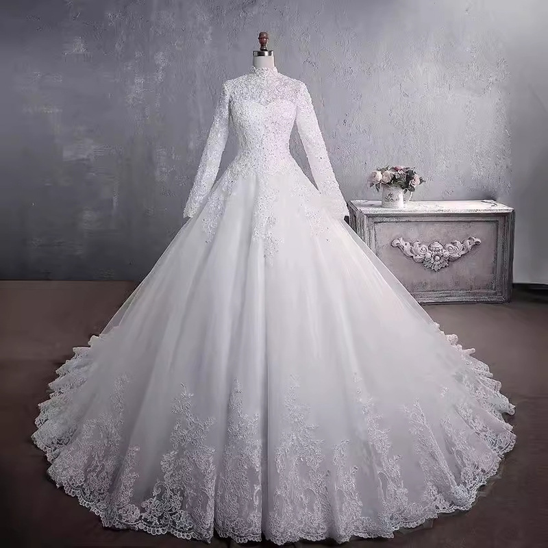 Customer Supplies European and American Wedding Dresses 2025 New Bridal Stand-Up Collar Wedding Dress Long Sleeves Slimming Look Fashion Large Tail Large Size Supply