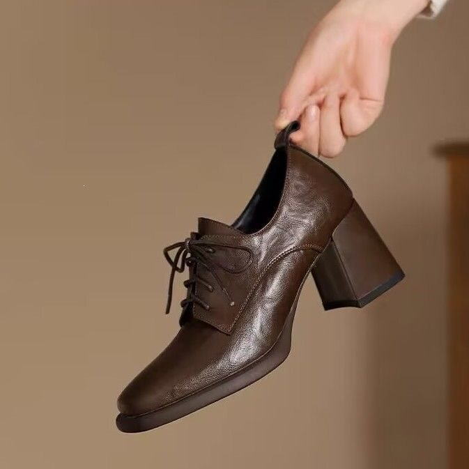 British Style Leather Shoes That Are Comfortable for the Feet, Women's Shoes, 2025 Spring New Women's Shoes, Lace-Up Loafers, Chunky Heels, High Heels