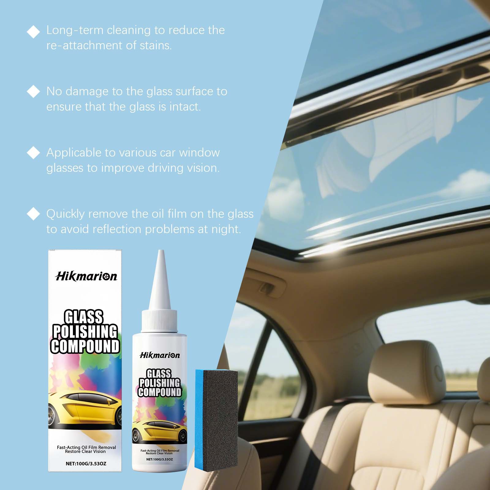 Hikmarion Glass Polishing Paste Cleans Glass Oil Film Removes Coating Clear Vision Car Maintenance