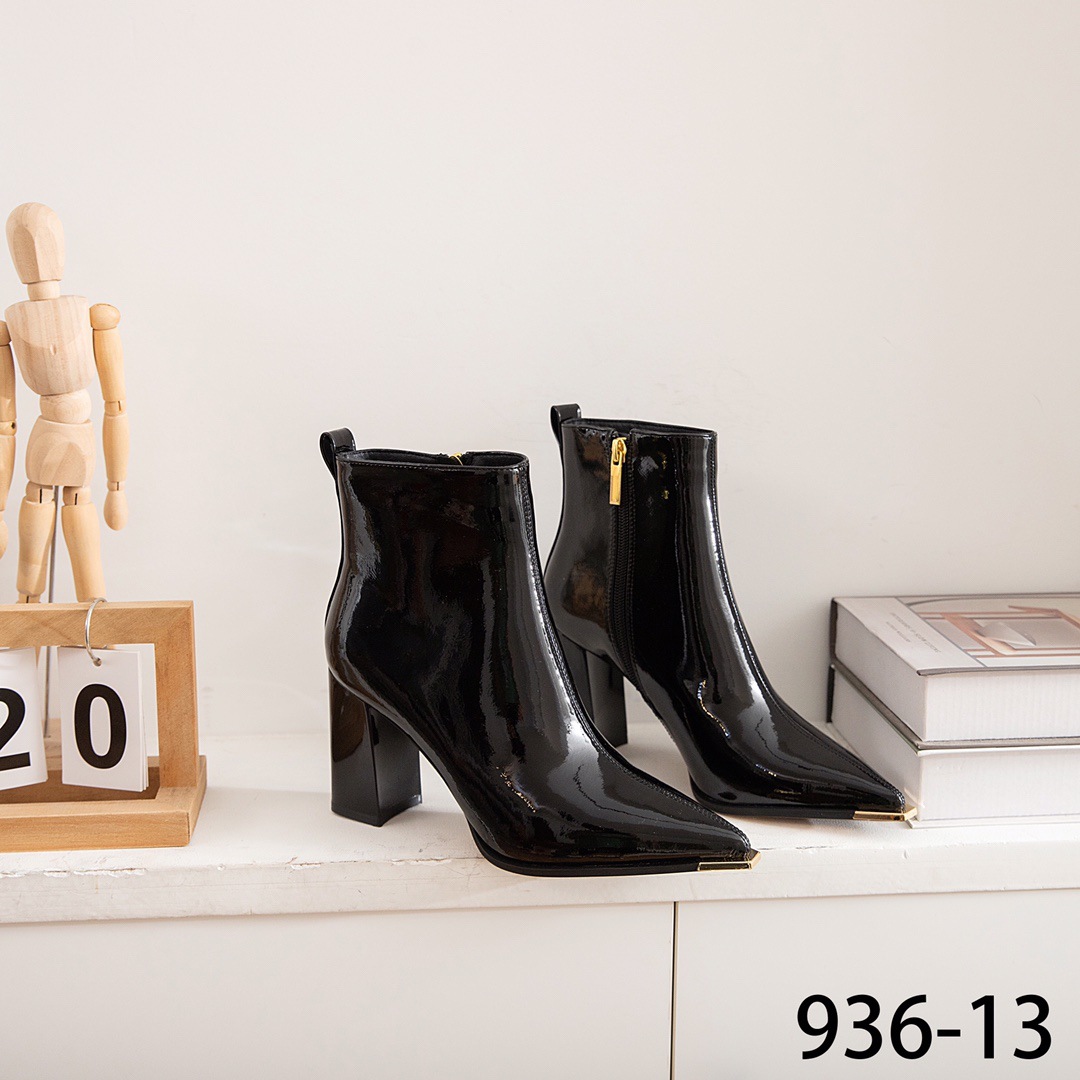 936-13钎金鸟金属防踢头尖头粗高跟短靴女新款性感漆皮欧美时装靴