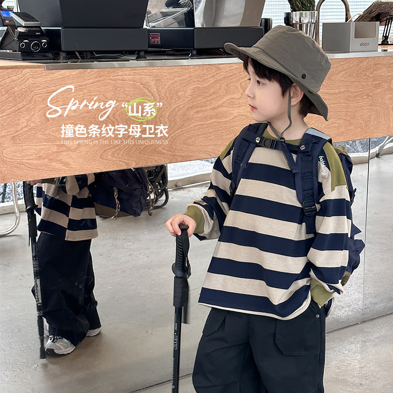 Aimo Beibei Children's 2026 Autumn Color-Block Long-Sleeve Top for Boys, Stylish Loose Cotton Striped Sweatshirt Aimo Beibei Children's 2026 Autumn Color-Block Long-Sleeve Top for Boys, Stylish Loose Cotton Striped Sweatshirt