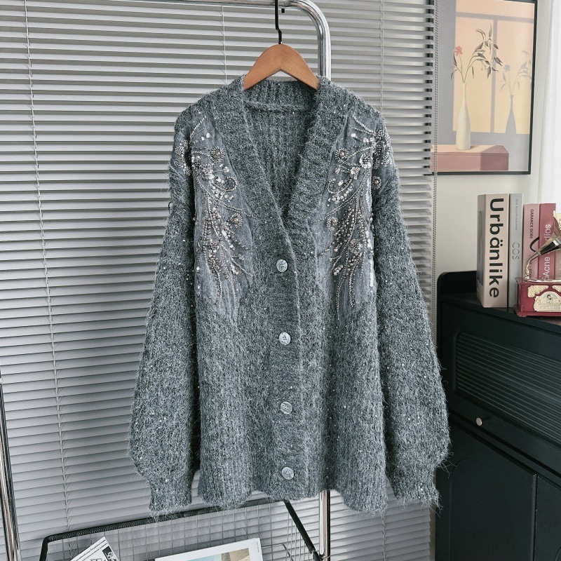 欧洲站复古宽松慵懒风毛衣外套女秋冬新款重工钉珠设计感针织开衫|undefined