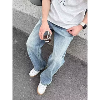 简约基础款直筒港风牛仔裤男百搭宽松阔腿长裤小众设计感牛仔裤男