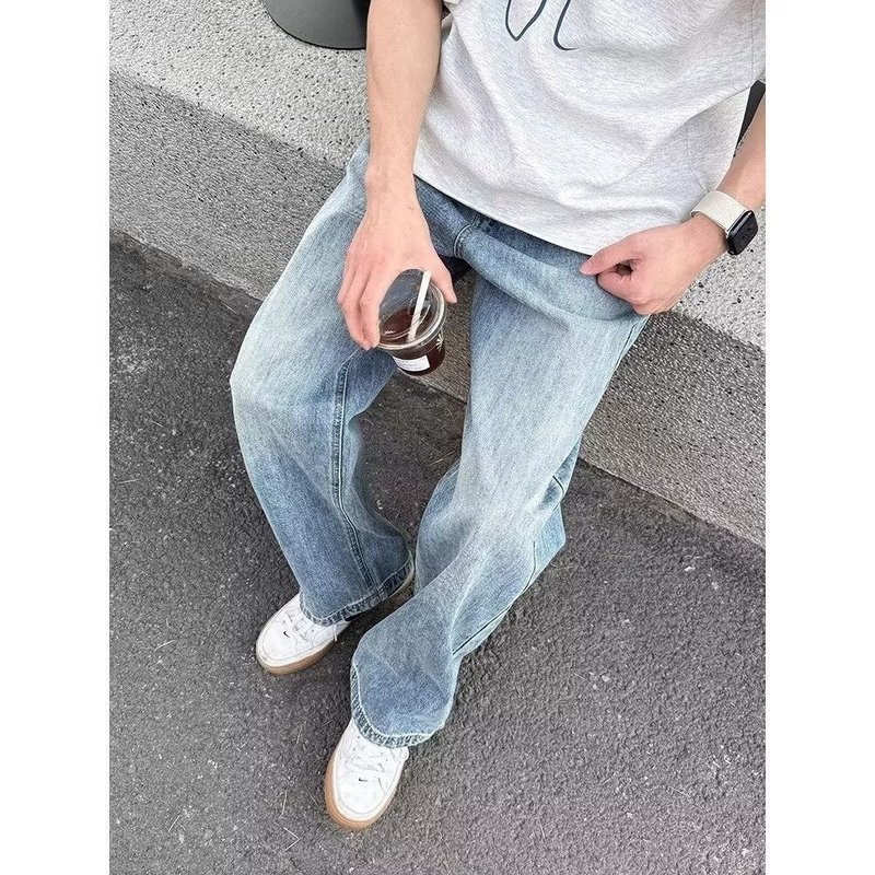 简约基础款直筒港风牛仔裤男百搭宽松阔腿长裤小众设计感牛仔裤男|undefined