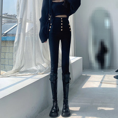 Super high waist small foot jeans for women in autumn and winter 2023 new black elastic plus velvet slimming and tight pencil pants
