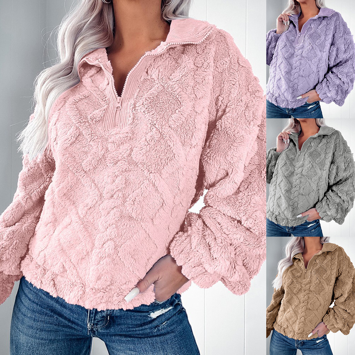 Women's Clothing simple solid color half zip stand collar loose plush pullover sweatshirt_voghion.com
