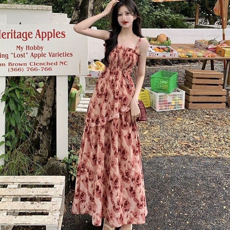 Regular/Extended Version) Vintage Rose Floral Strap Dress for Women, Summer French-Style Long Dress with Elegant Waist-Cinching Design Regular/Extended Version) Vintage Rose Floral Strap Dress for Women, Summer French-Style Long Dress with Elegant Waist-Cinching Design