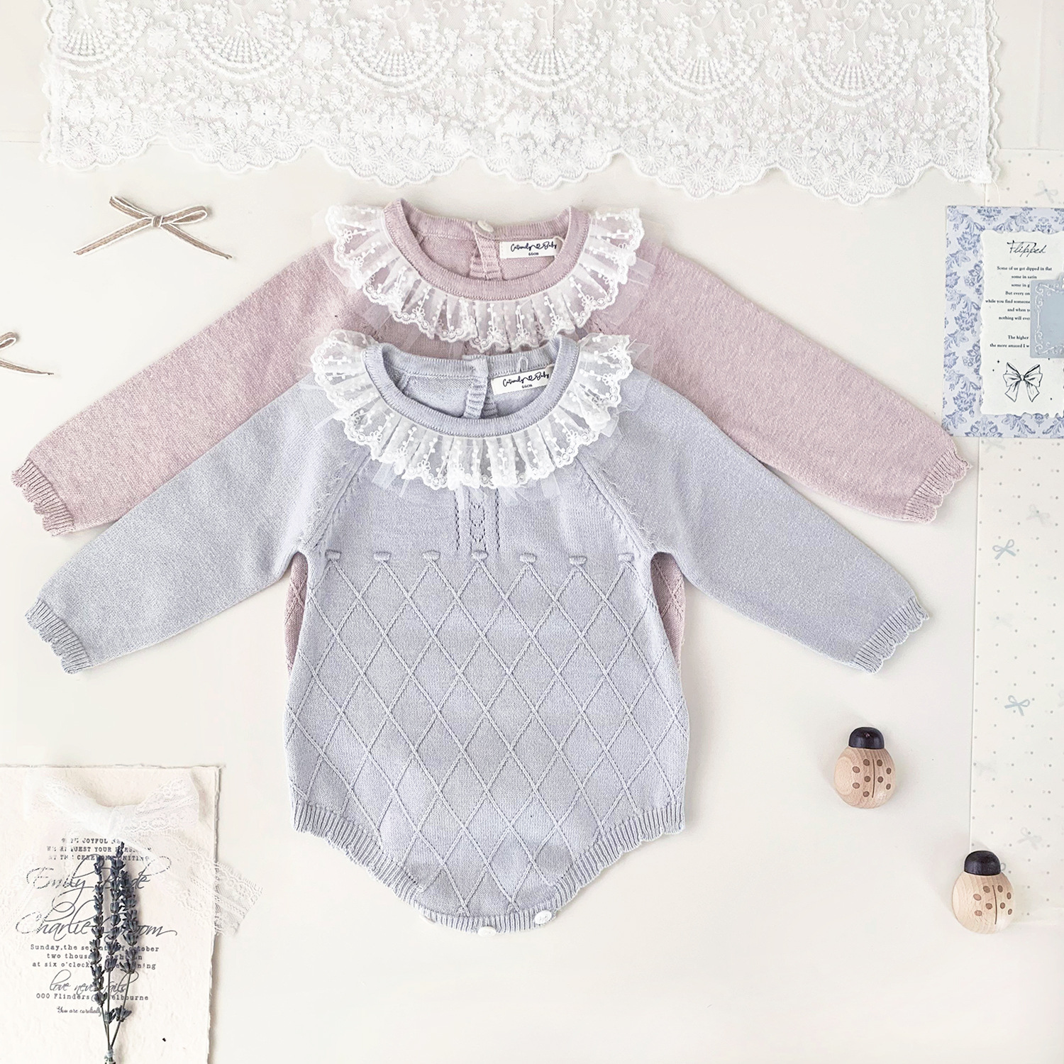 Cutemily Baby Girl's Spring and Autumn Ins Knitted Lotus Collar Climbing Wear Women's Raglan Sleeve Lace Triangle Suit