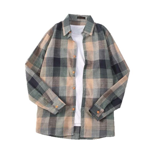 Men's Long-Sleeve Grid Shirt, Korean-Style Slim Fit, New Autumn Version, Hong Kong Style, Youth Student Original Host, Versatile Collarless Jacket