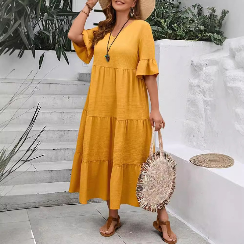 2025 European and American Amazon Summer New V Neck Women's Fashionable Multi-Color Multi-Size Large Size Long Dress with Large Hem
