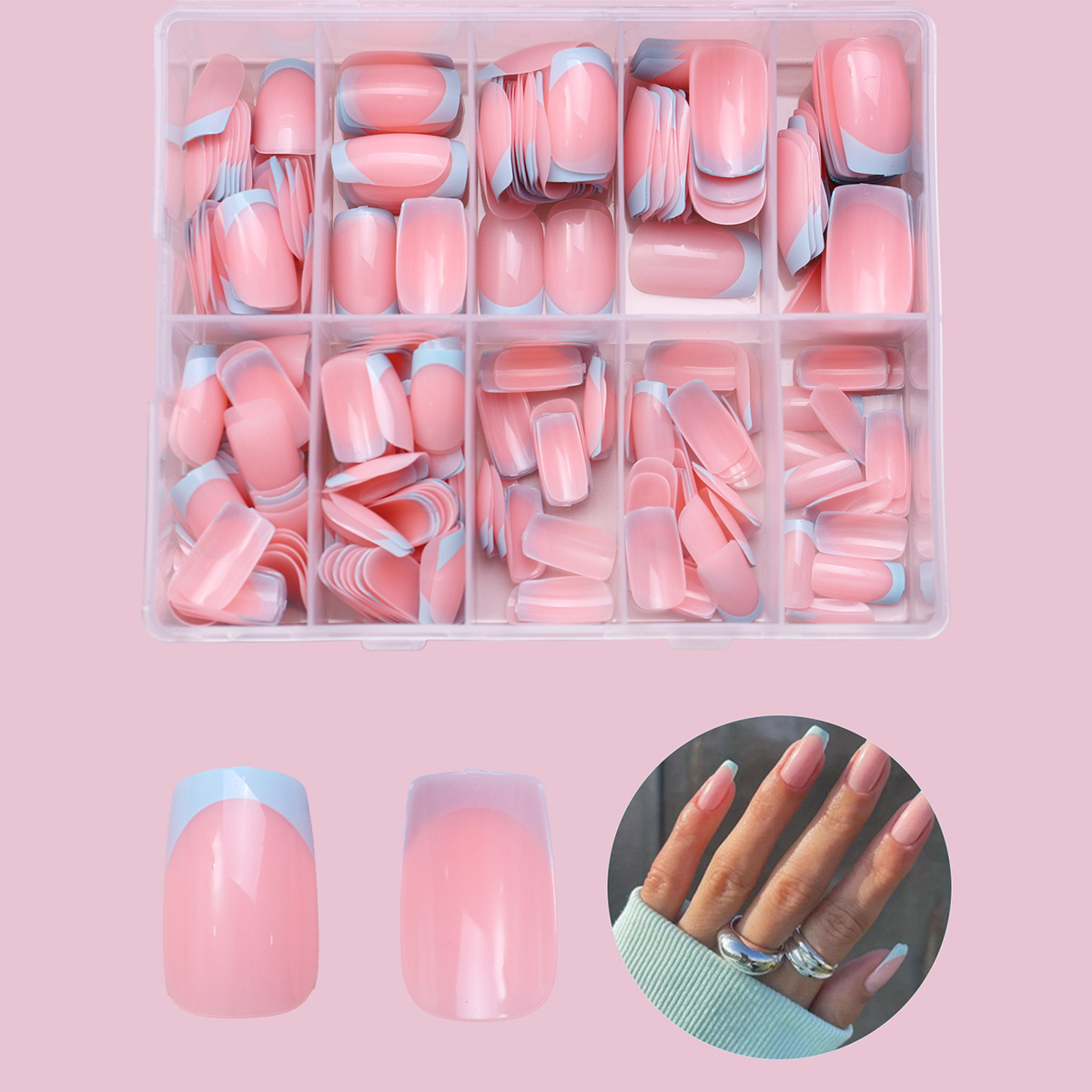 240 piezas de parche de uñas en caja rosa desnudo francés azul pálido líneas de borde simple versátil desmontable al por mayor