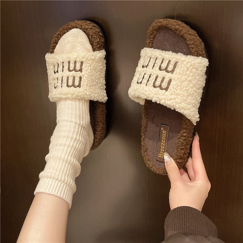 Korean Style Fashionable Outerwear Thick-soled Fluffy Slippers Women's 2024 New mm Suede Slip Flops Autumn and Winter Home Cotton Slippers