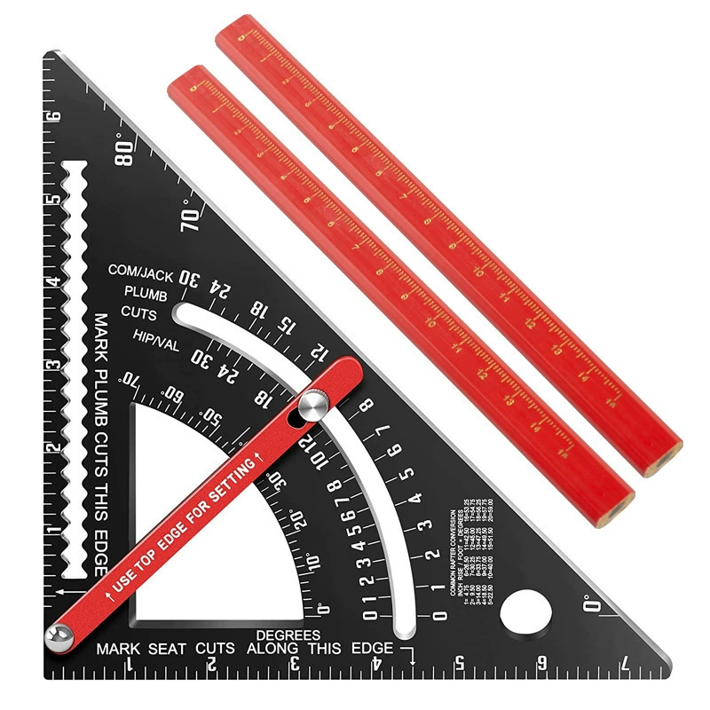 Red metric right angle movable backing ruler aluminum alloy triangle ruler 12-inch 90-degree light ruler measurement tool