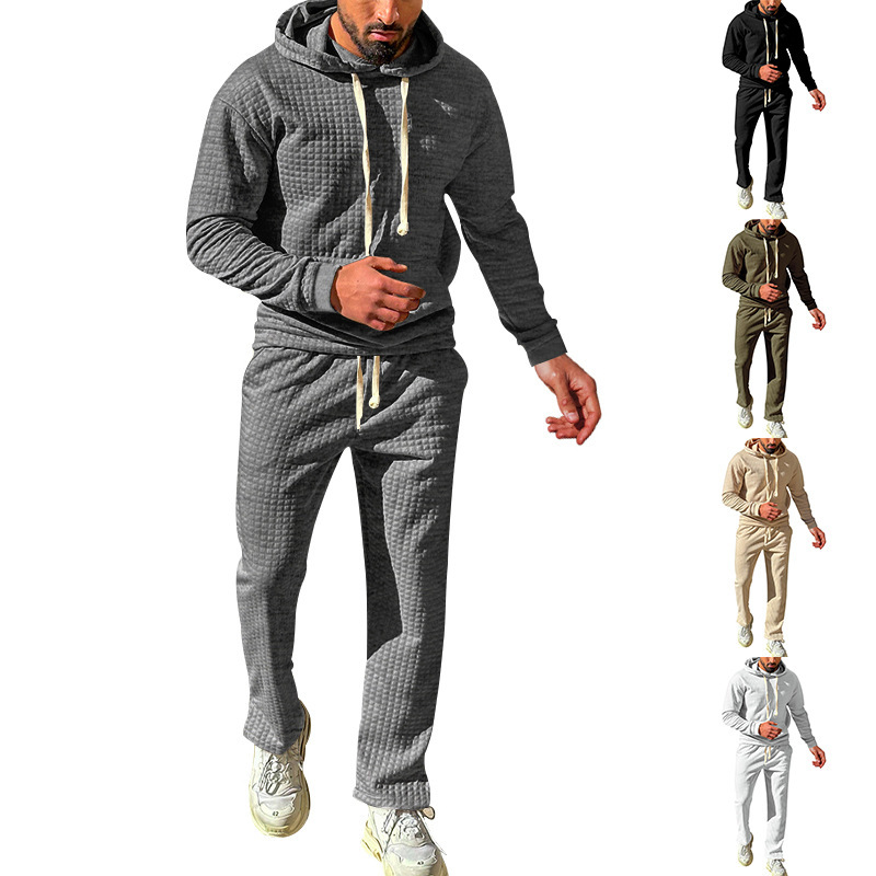 Independent autumn and winter men's jacquard small grid hooded sweatshirt, long pants, casual sports suit_voghion.com