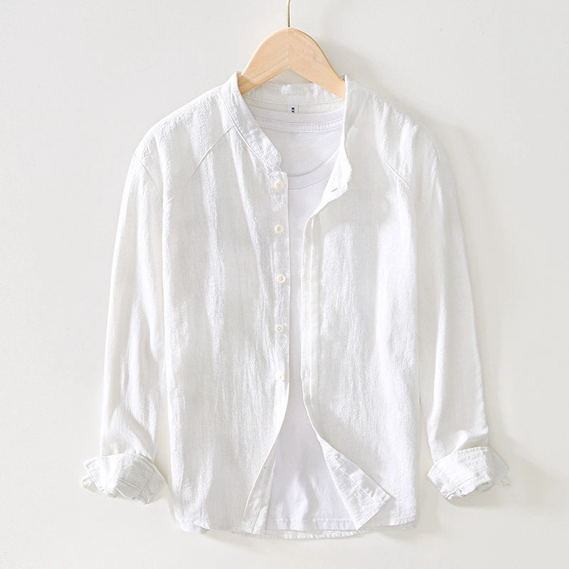 L082 Повседневная Простая рубашка из хлопка и льна с длинным рукавом и воротником-стойкой Свободная верхняя одежда Рубашка Топ