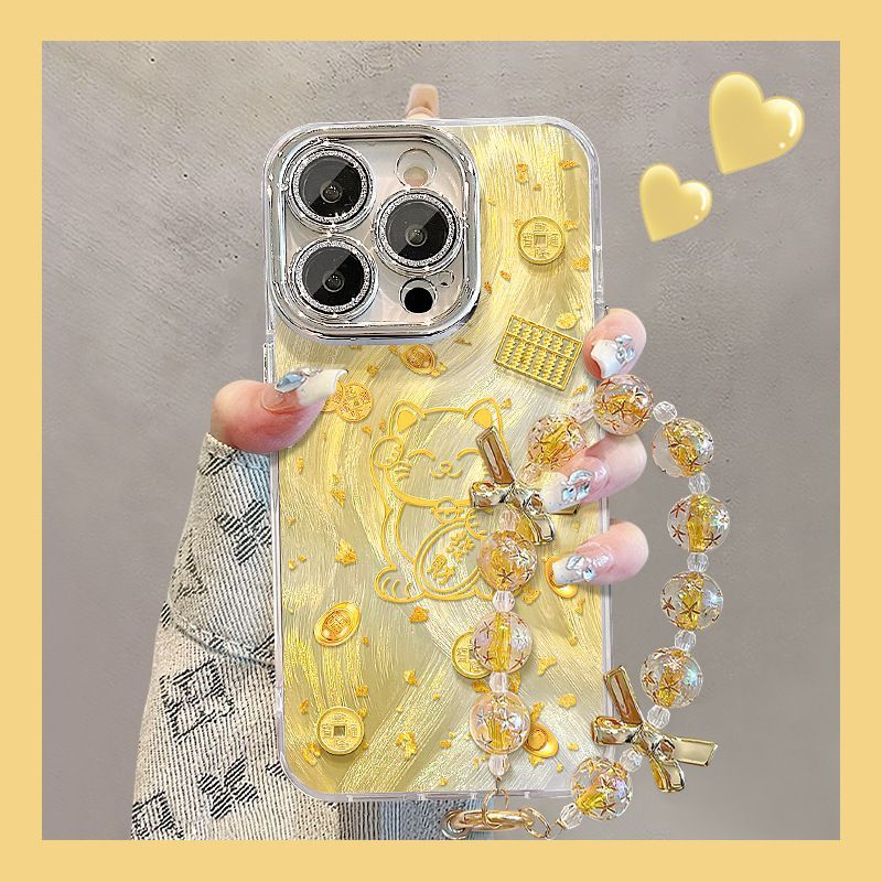 New Year Gold Foil Luckies Cat for Xiaomi 14 Mobile Phone Case IMD Advanced Sense Red Rice K70PRO Feather Yarn Fine Hole Case