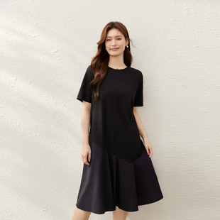 [Fashionable Loose Splicing Hem Black Dress] Slim Show Plus Size Women's Clothing Fat Mm2025 Summer New Style