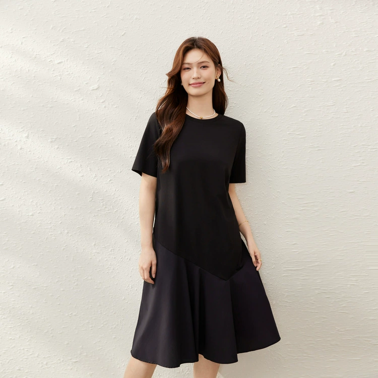 [модное черное платье со свободным подолом] Тонкая женская одежда больших размеров, новый летний стиль fat mm2025