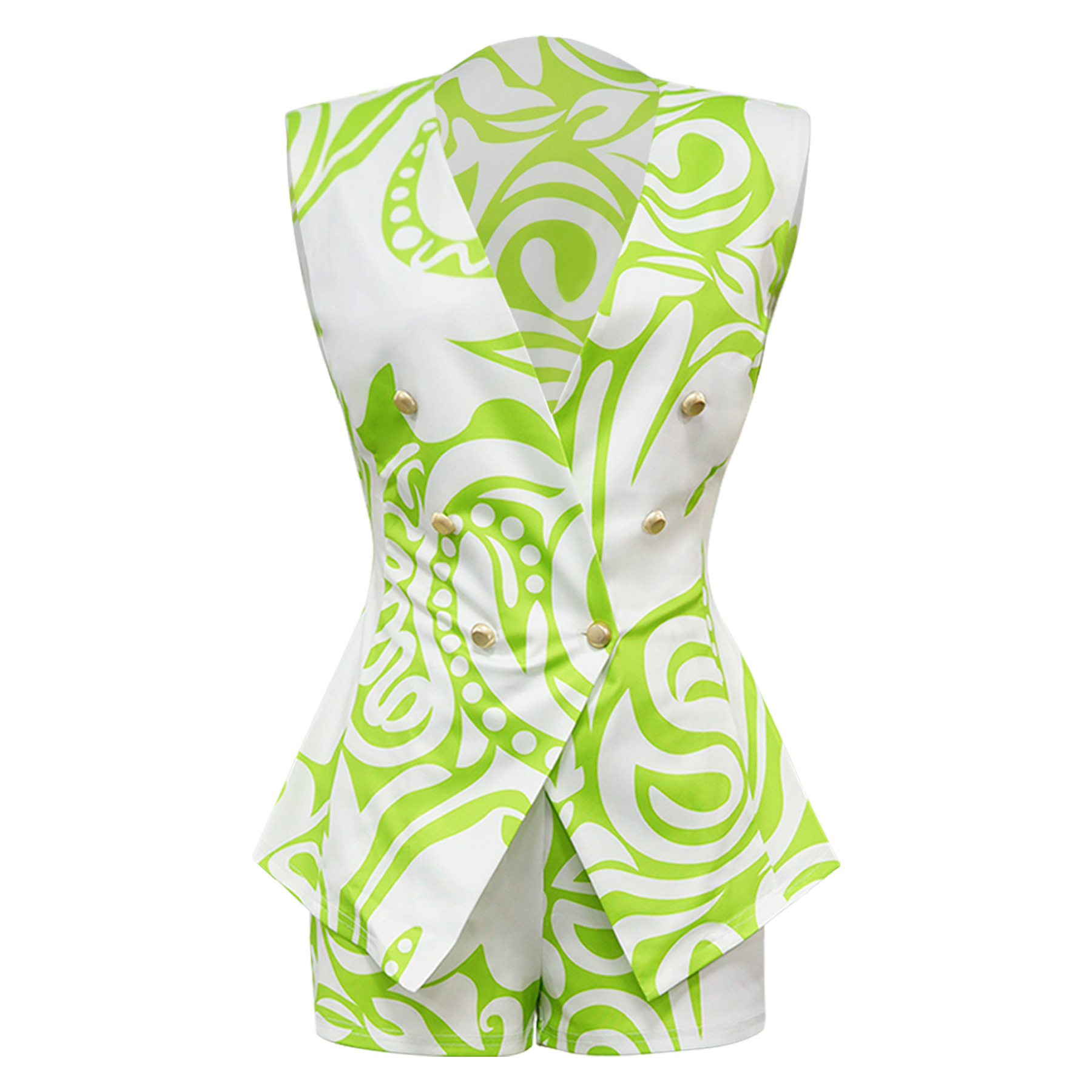 Ensemble blazer sans manches et short imprimé géométrique femme_voghion.com