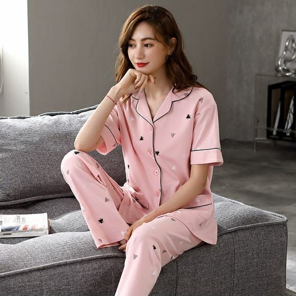 Pijamas pantalones de manga corta de algodón de verano de las mujeres traje de ropa para el hogar primavera y otoño Chaqueta de punto de las mujeres de la solapa delgada se puede usar fuera