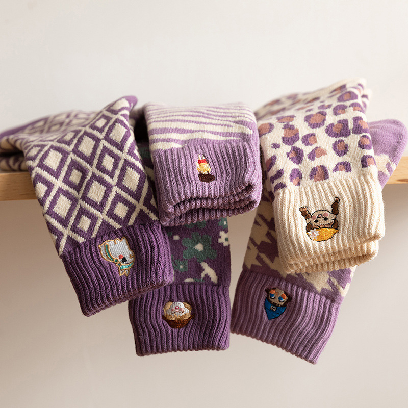 Autumn and Winter fleece-lined thick embroidered terry towel bottom thick purple embroidery mid-calf