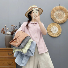 出口外贸双层棉纱小格子短袖衬衫女文艺柔软亲肤棉质打底上衣批发