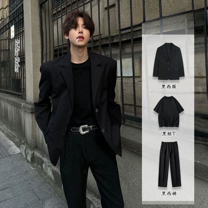 黑色休闲西装外套男高级感春秋款雅痞男装潮牌演出服团队西服全套