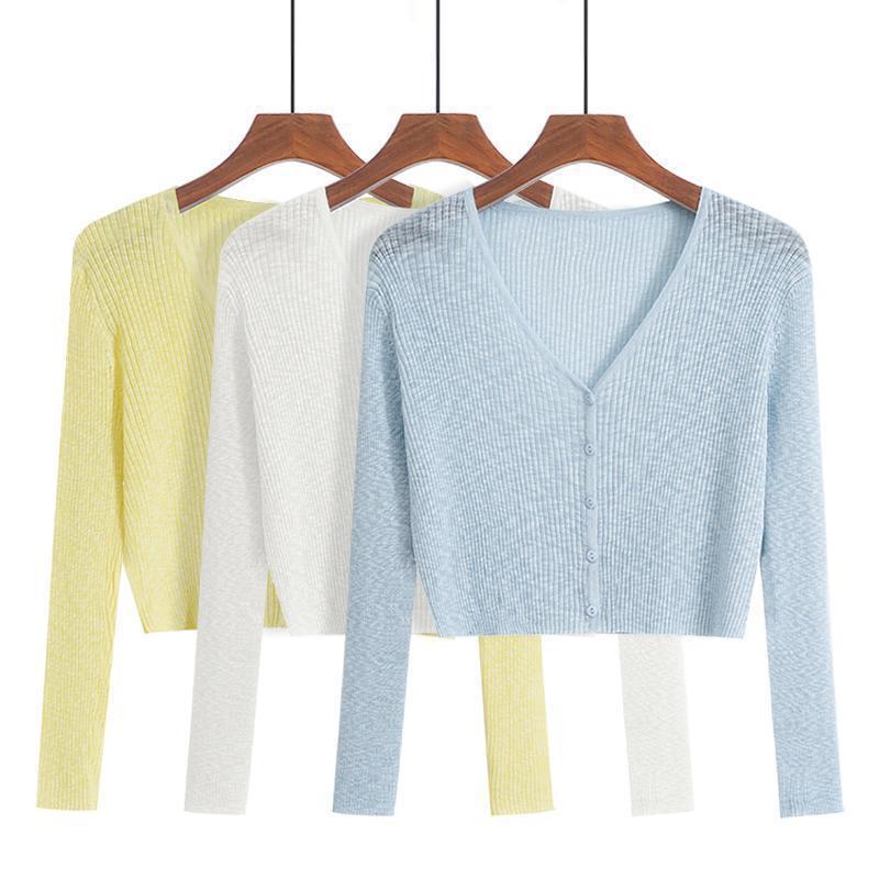 Ice Silk Knitted Cardigan Thin Women's Summer Sun Protection Blouse Jacket 2025 New V Neck Outer Short Top Shirt Ice Silk Knitted Cardigan Thin Women's Summer Sun Protection Blouse Jacket 2025 New V Neck Outer Short Top Shirt