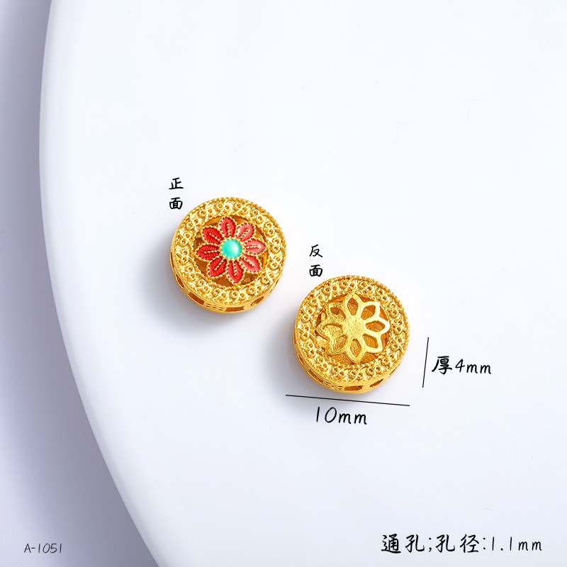Copper Gold-Plated DIY Jewelry Accessories Wholesale, High Color Retention, Enamel Small Spacer Beads with Fortune Character, Through-Hole Enamel Jewelry