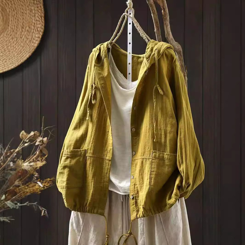 Costume Costume Double Pocket Drawstring Hooded Double-Layer Cotton Yarn Long-Sleeved Shirt Women's Artistic Loose Casual Cardigan Top