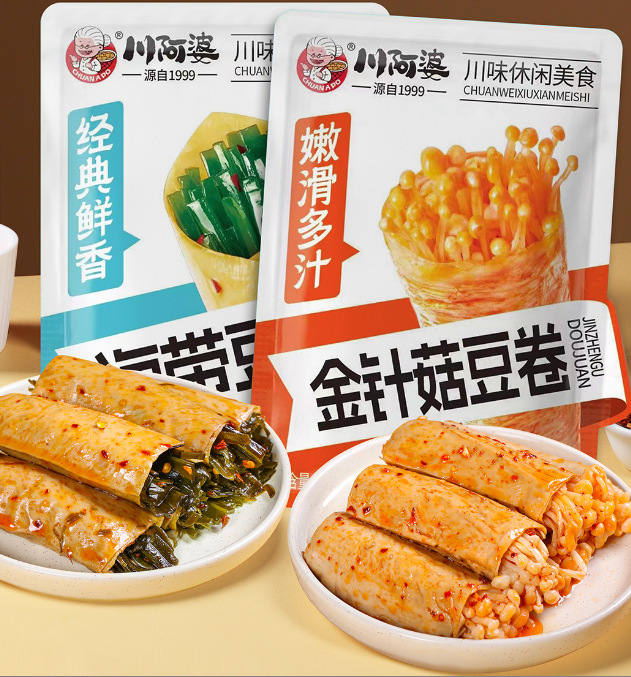 川おばさんのえのき豆巻き、昆布サンド豆皮巻き、スパイシーシリーズ、スナック、干豆腐スナック|undefined