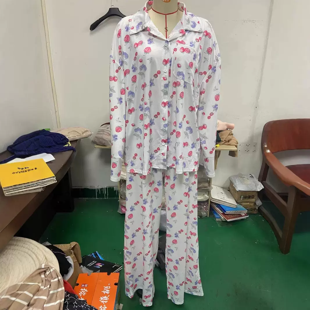 女士睡衣套装长袖纽扣衬衫花朵水果印花阔腿裤睡衣