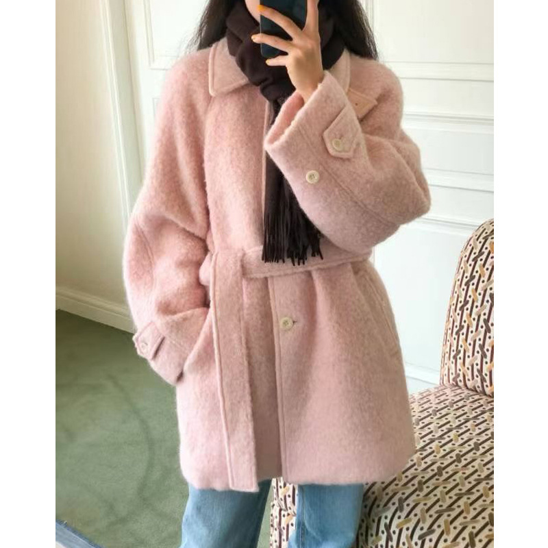 South Korea Dongdaemun 2026 Spring and Autumn Korean Style Gentle Temperament Loose Stand Collar Belted Wool Coat for Women