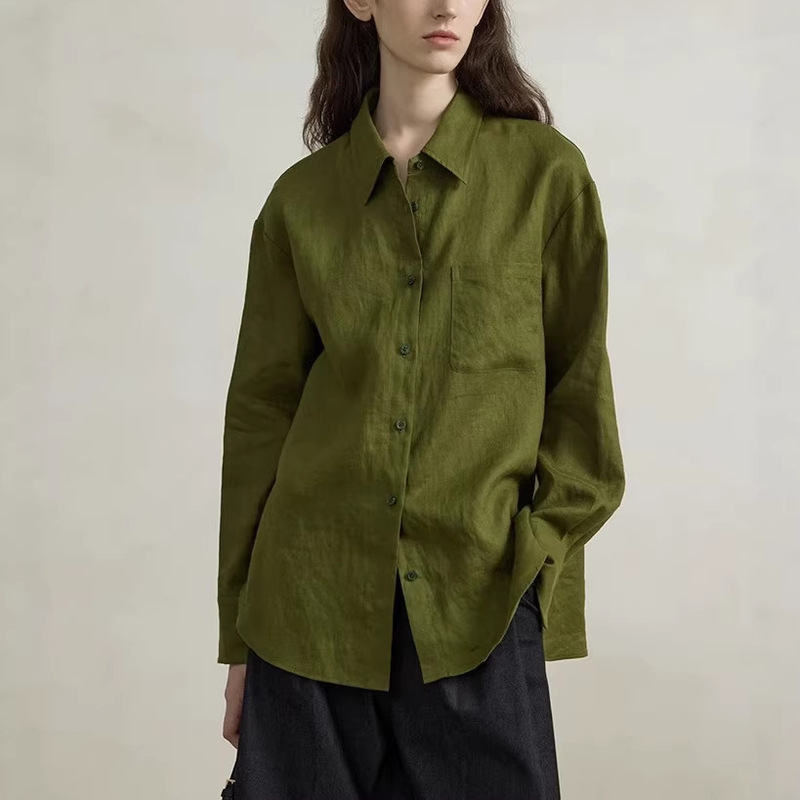 Turquoise Green Linen Loose Shirt for Women, Suitable for Spring and Autumn, Can Be Worn as an Inner or Outer Layer, Long-Sleeved Shirt
