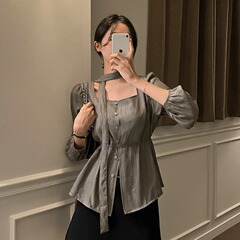 韩国chic 2025早秋新品法式方领单排扣飘带系带衬衣女长袖衬衫