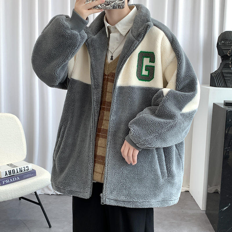 Invierno forrado de lana engrosada abrigo de algodón acolchado de lana de Cachemira contraste color soporte collar abrigo de los hombres de moda